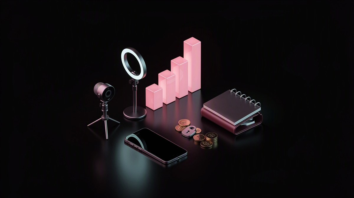 Chart with rising bars, blank calendar, and wallet with coins on a glossy dark background.