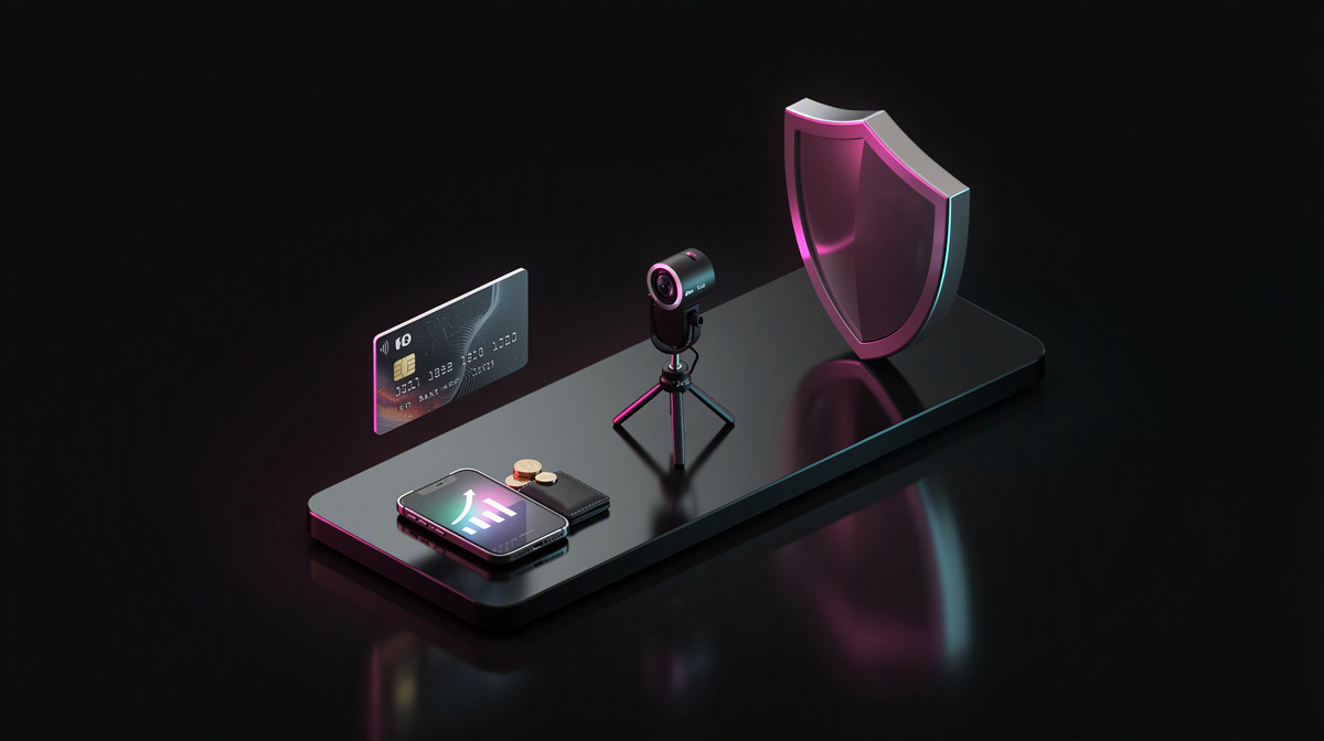A shield and a blank bank card glowing softly on a near-black surface.