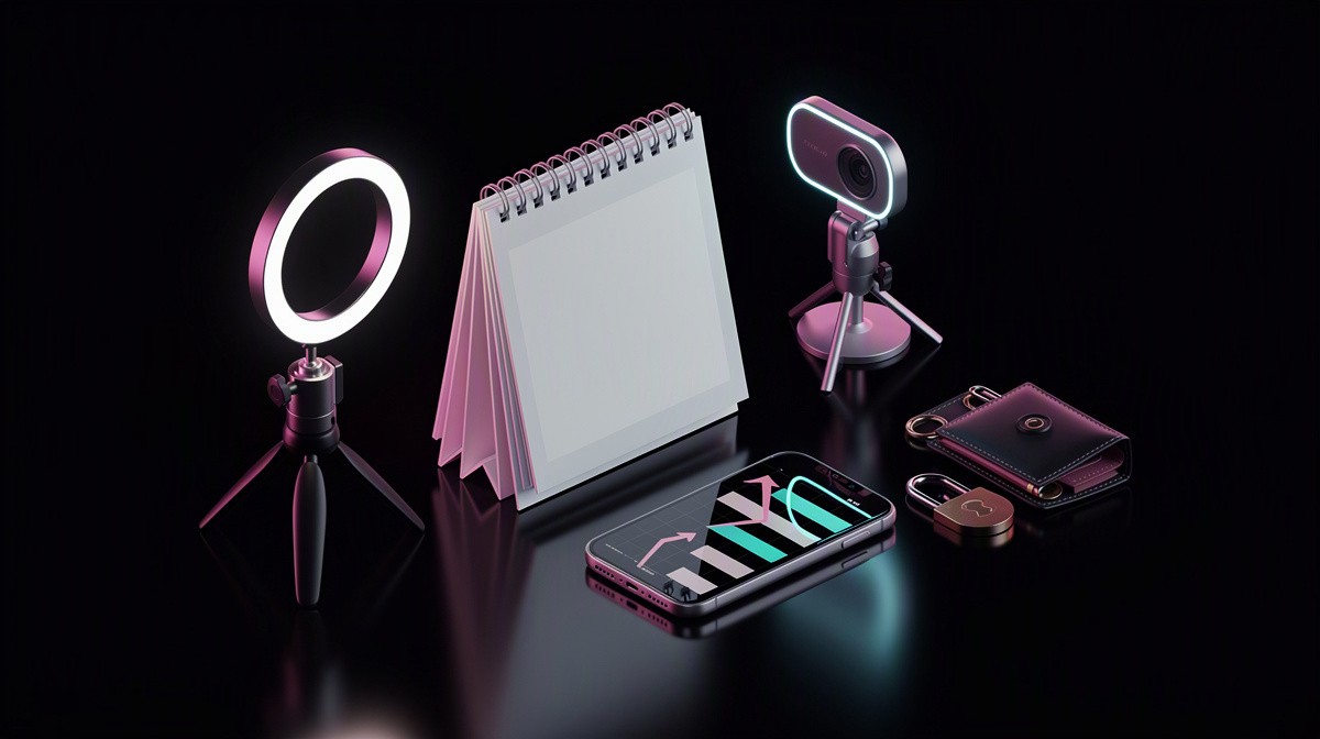 A spiral-bound calendar, ring light, and webcam with magenta and cyan accents on a dark background.