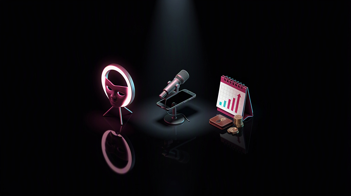 A mask and stage spotlight side by side, softly lit in magenta and cyan on a dark background.