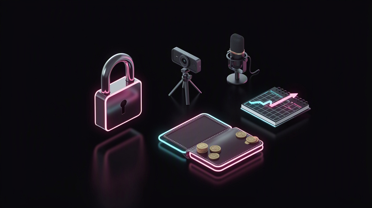 A padlock and blank ID card, outlined with pink and cyan light, centered on a dark reflective background.