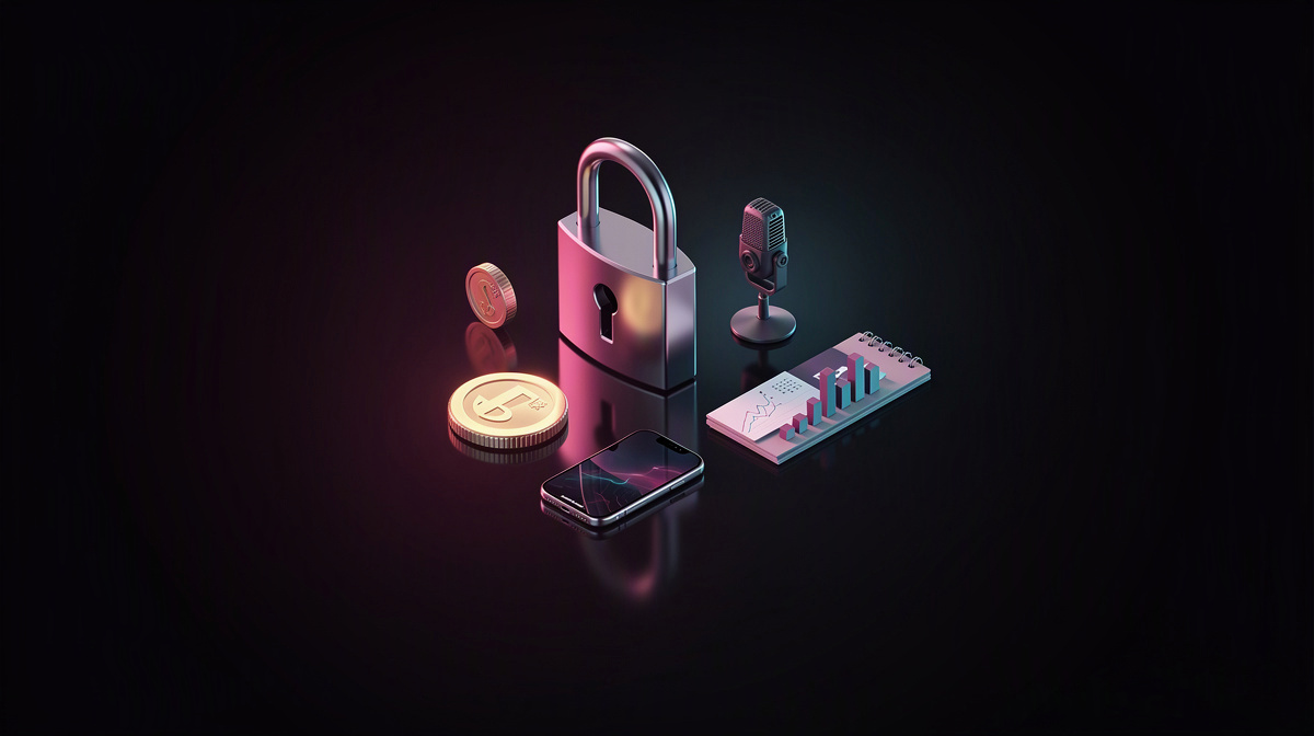 Padlock, coin, and card floating with soft rim lighting on a dark background.