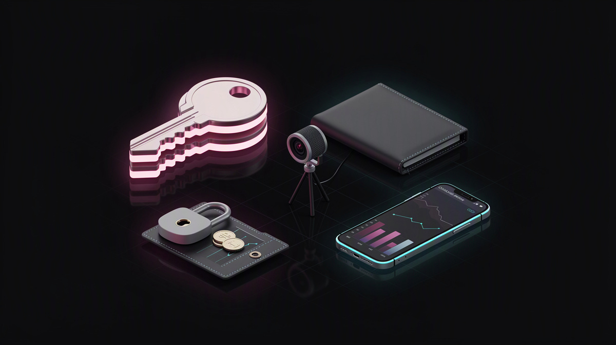 Glossy keys and an unmarked wallet with magenta and cyan lighting, centered on dark isometric background.