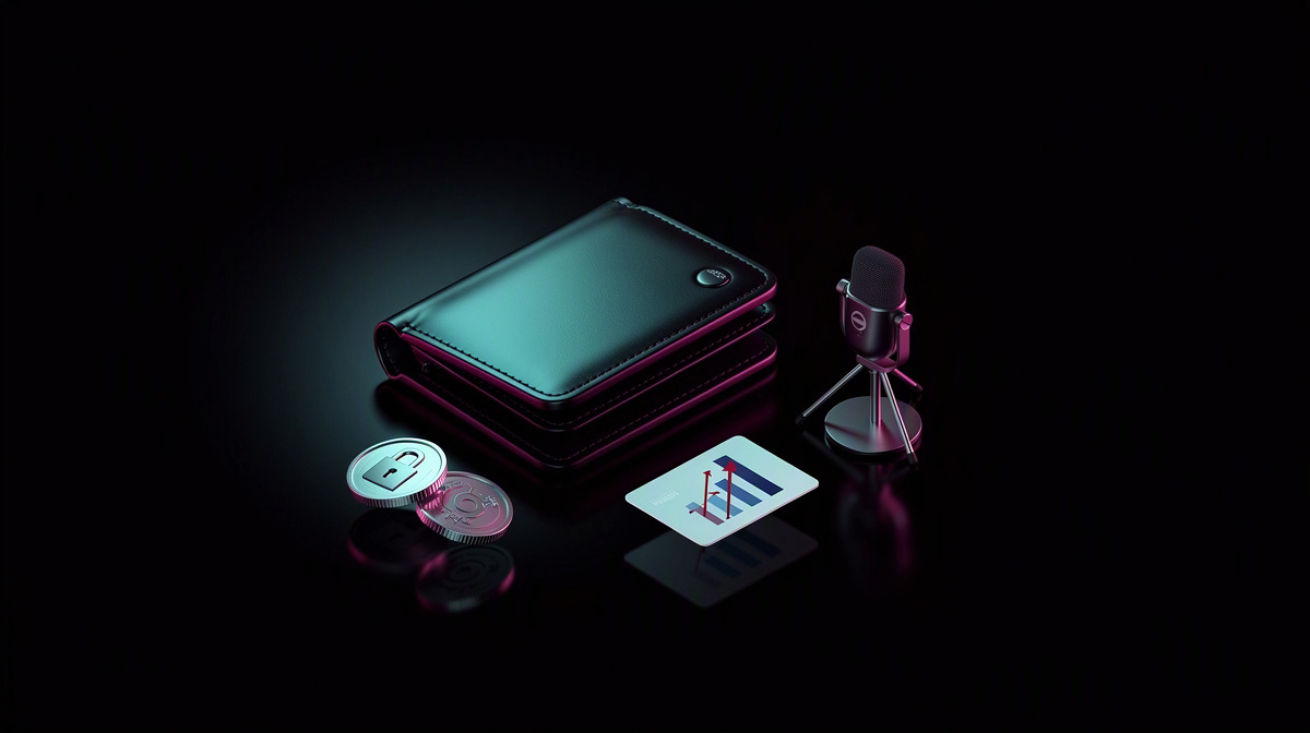 Glossy wallet with coins, centered on a dark background with magenta and cyan rim lighting.