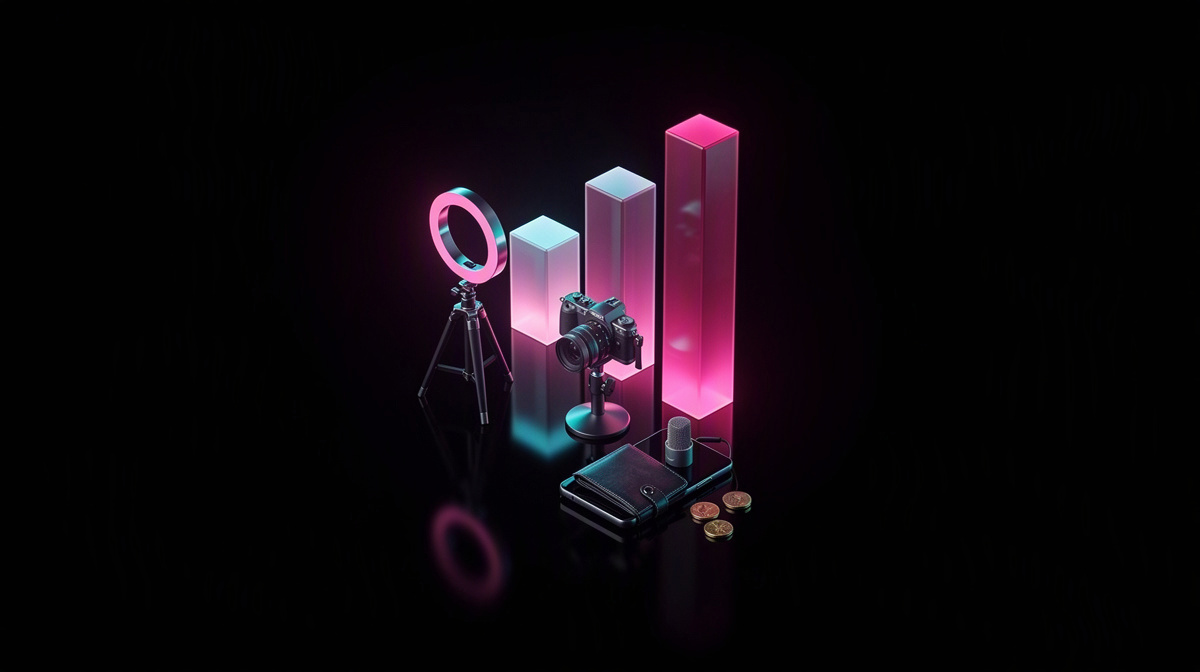 Glossy rising bar chart and camera tripod on a near-black background with magenta and cyan rim lighting.