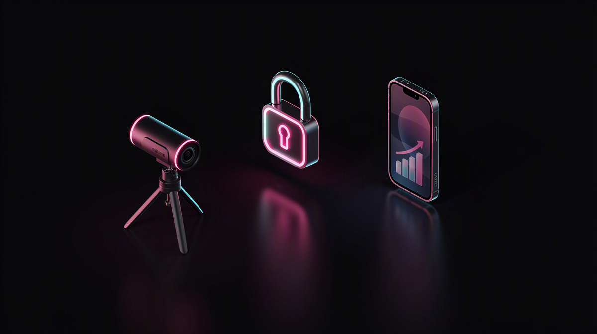 Isometric webcam, padlock, and smartphone with magenta and cyan rimlight on glossy near-black background.