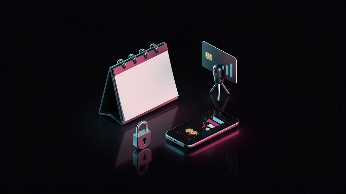 Isometric calendar, padlock, and payment card on glossy dark background with magenta and cyan rim lighting.
