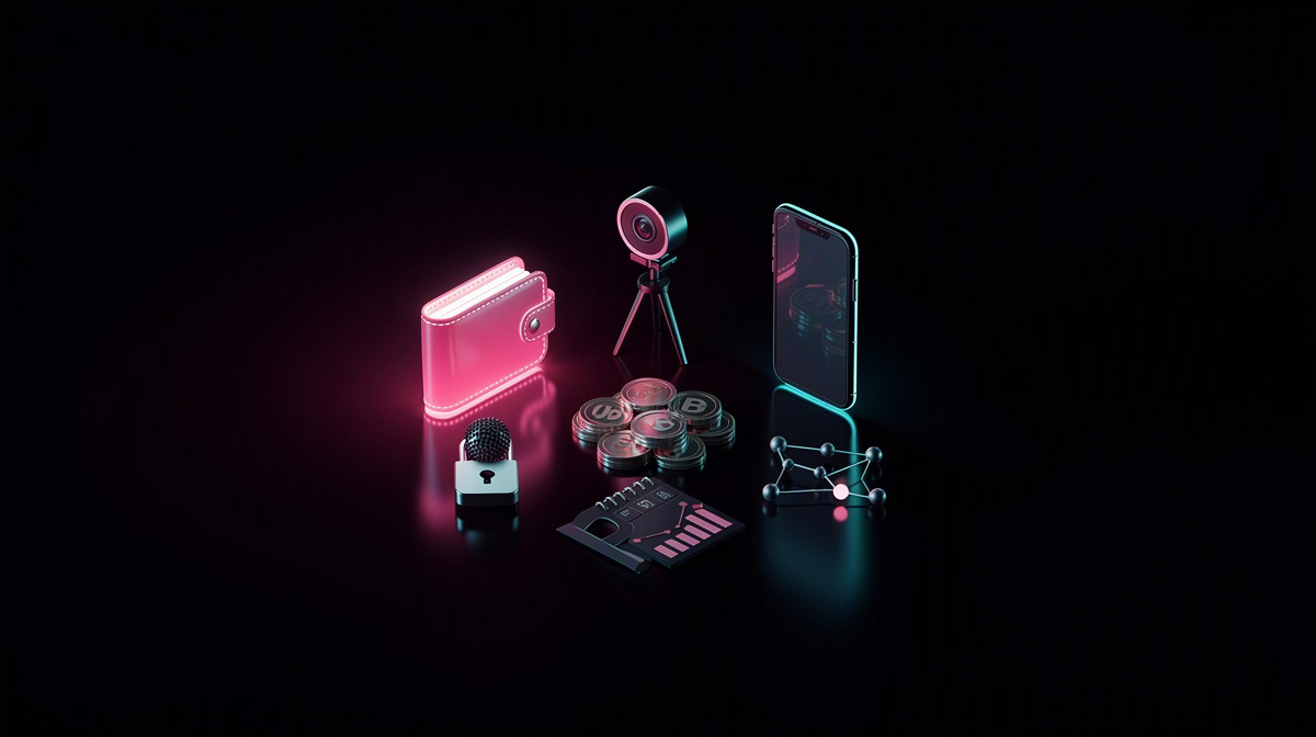 Crypto wallet, coins, and network node floating on dark background with magenta and cyan rim lighting.