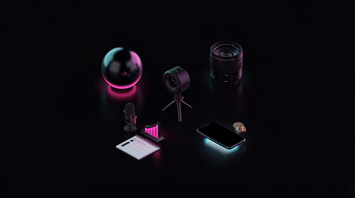 Two abstract spheres and a camera lens with vivid rim light on a dark, reflective background.