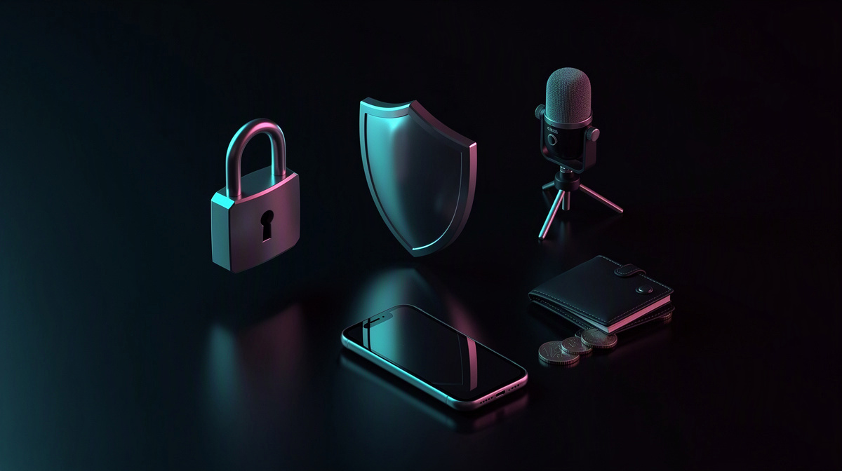 A padlock, shield, and ID card with pink and cyan rim lighting on a dark background.