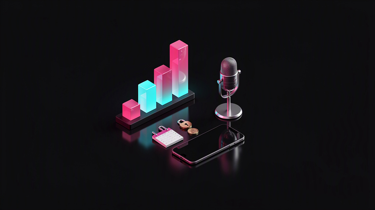 A glossy bar chart and microphone with magenta and cyan accents on a dark background.