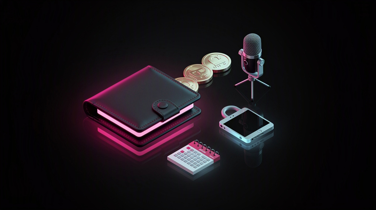 A glossy wallet and coins with magenta and cyan rim lights on a dark background.