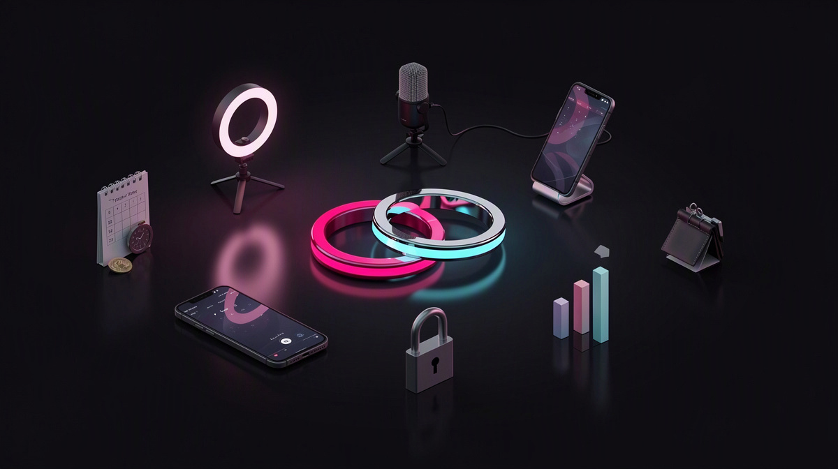 Three glossy interlocking rings with magenta and cyan rim lighting on a dark reflective background.