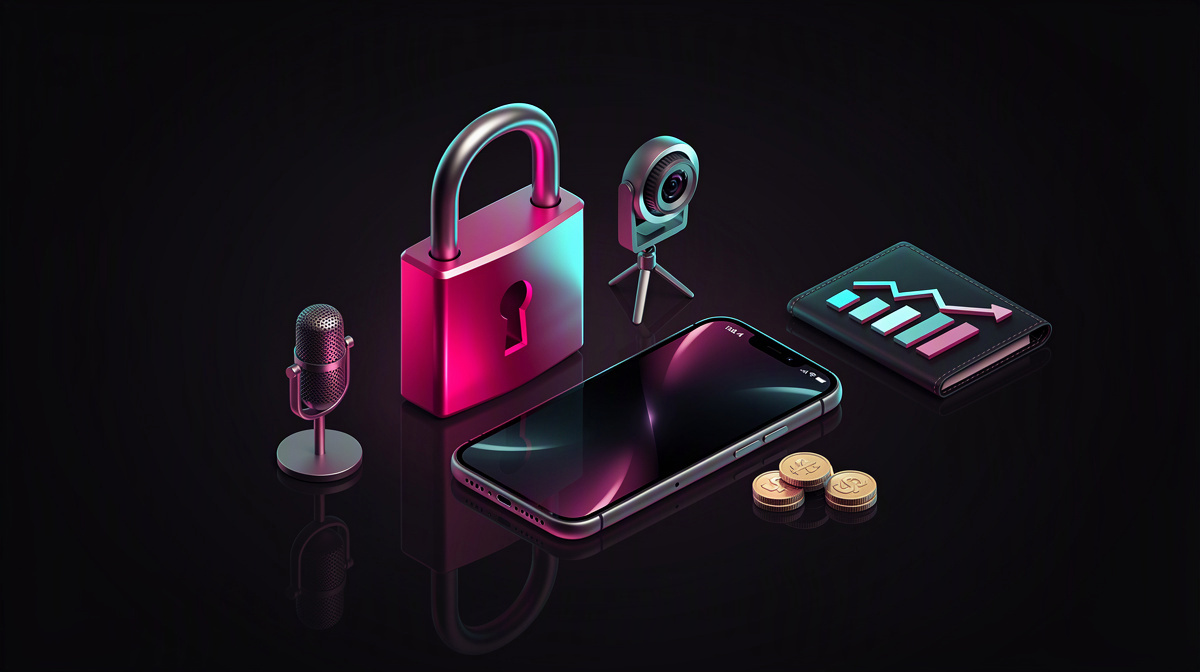 A glossy padlock and a plain smartphone with cyan and magenta lighting, on a dark reflective surface.