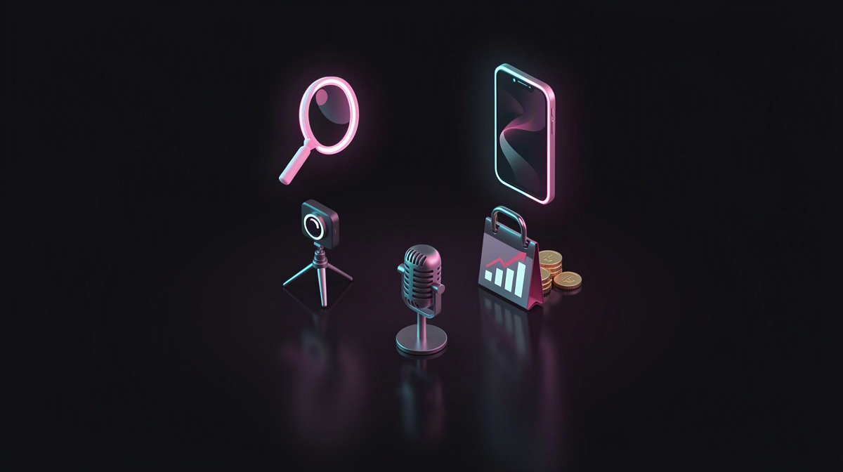 Glossy magnifying glass and smartphone on a dark background with magenta and cyan rim light.