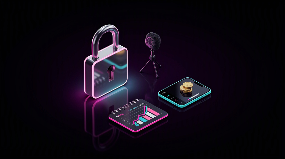 Glossy padlock and plain card on a dark background with soft magenta and cyan rim lighting.