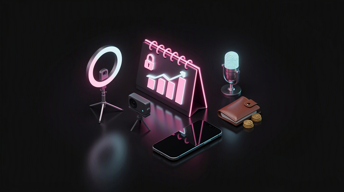 Calendar, padlock, and chart with rising bars glowing in magenta and cyan rim light, spaced on a dark background.