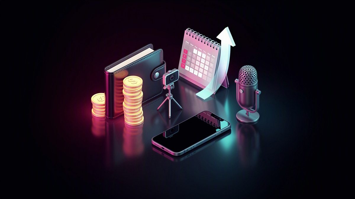 Wallet with coins, calendar, and rising arrow glowing with magenta and cyan rim light on a dark reflective surface.