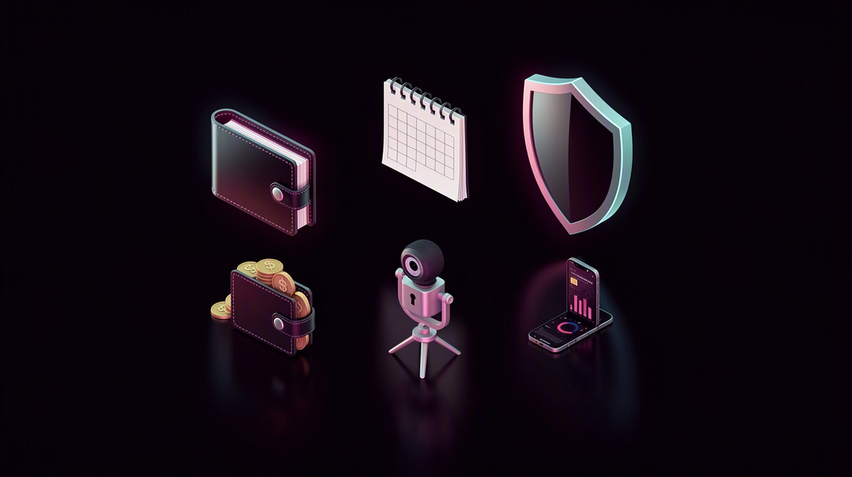 Glossy wallet, blank calendar, and shield shape, each floating and rim-lit, suggesting privacy and security.