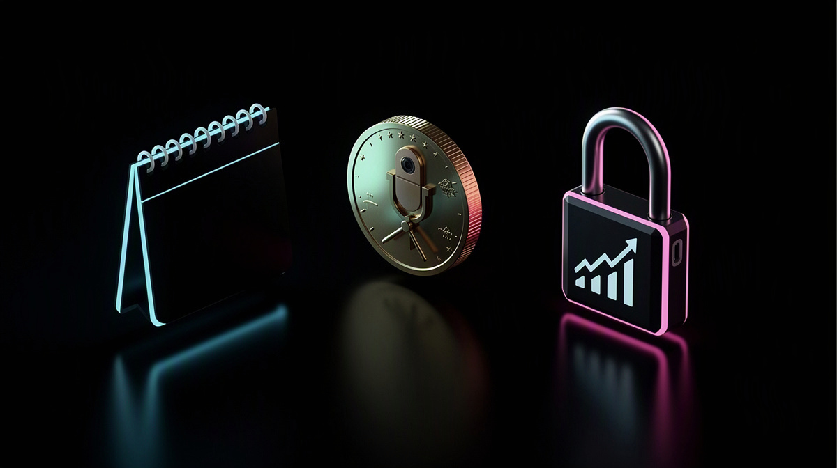 Isometric calendar, coin, and padlock lit in cyan and magenta, floating on a dark glossy surface.