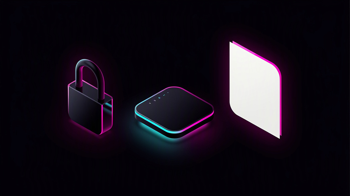 Glossy padlock, wireless router, and glowing blank document on a dark background, rimmed with magenta and cyan light.