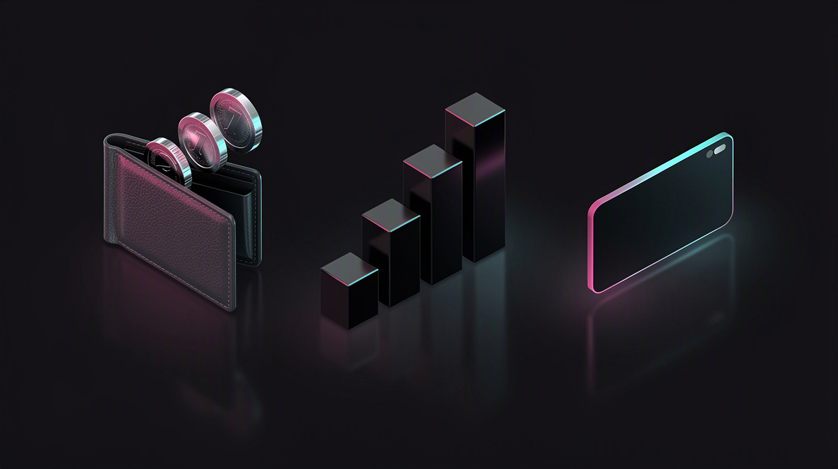Glossy wallet with coins, rising bar chart, and card on a dark isometric background with magenta and cyan rim light.