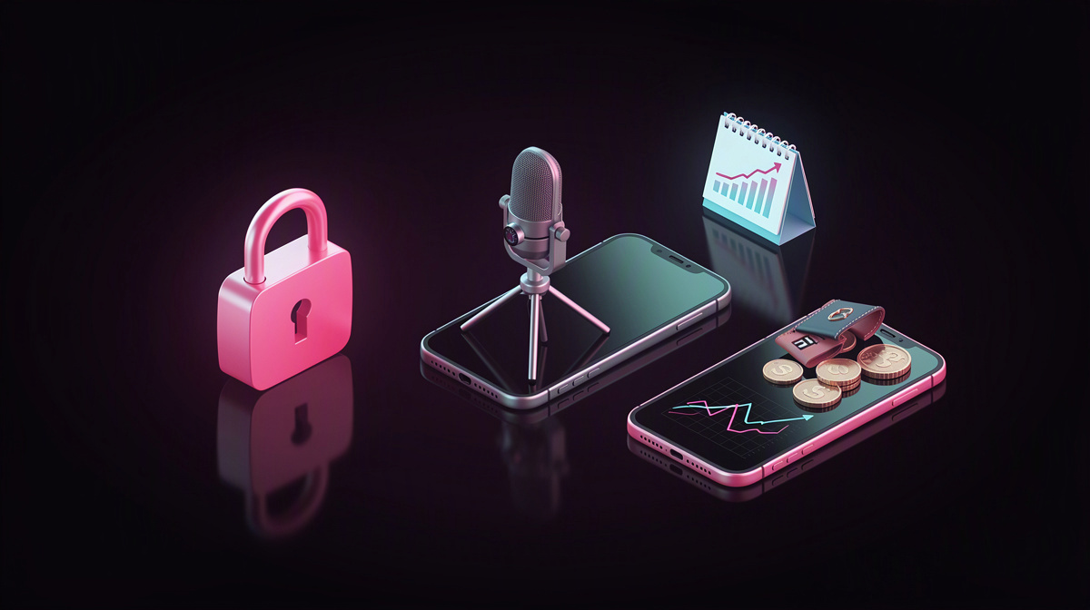 Isometric padlock and smartphone rim-lit in pink and cyan, floating on a dark background.