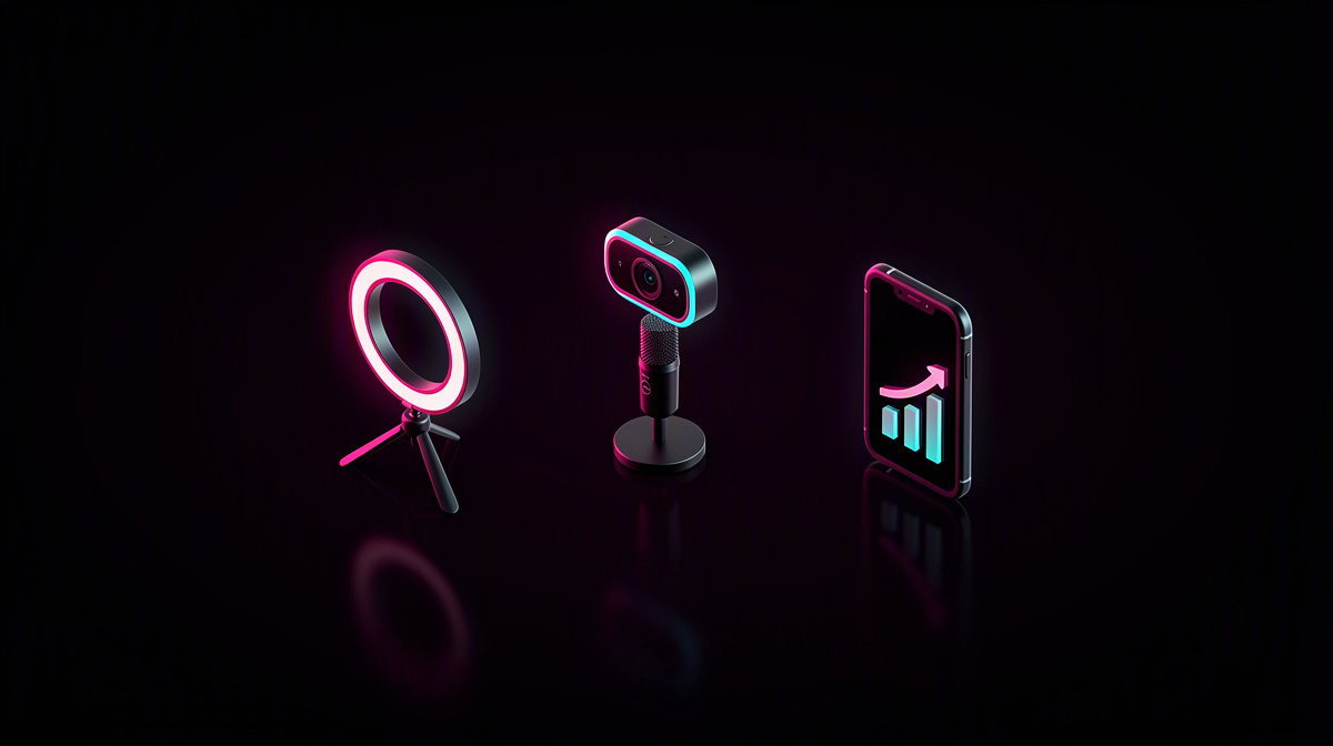 Isometric mask and webcam with soft rim light and reflections, floating on a black background.