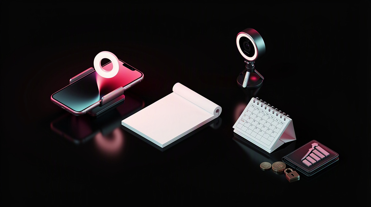 A smartphone, notepad, and calendar floating separately with magenta and cyan light on a dark background.