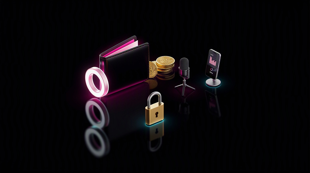 A wallet with glowing coins and a padlock lit with magenta and cyan on a dark background.