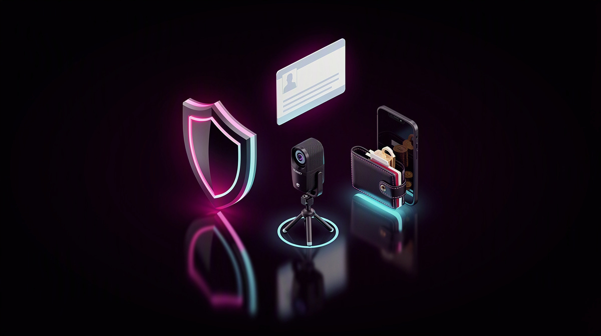 Isometric shield, ID card, and verification badge separate on a dark background with magenta and cyan rim lighting.
