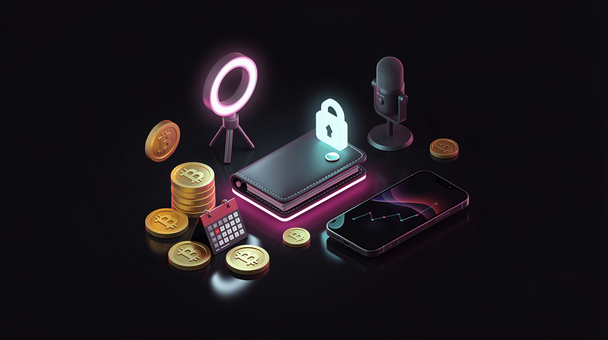 Isometric wallet, coins, padlock, and crypto symbol centered on a dark background with magenta and cyan rim lights.