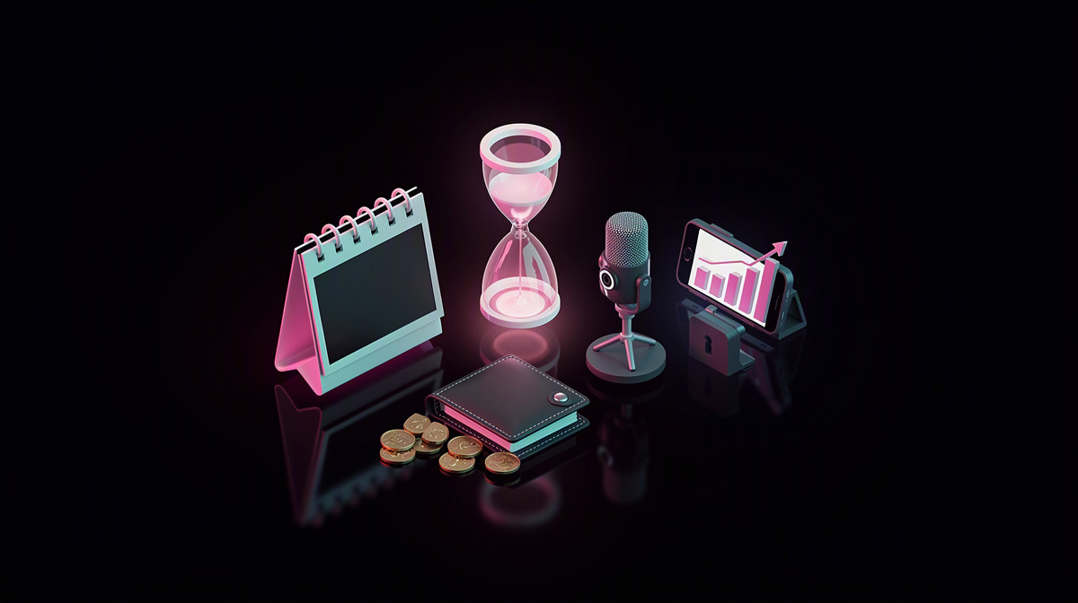 Calendar, glowing hourglass, and wallet with coins on a glossy dark surface rim-lit in magenta and cyan.