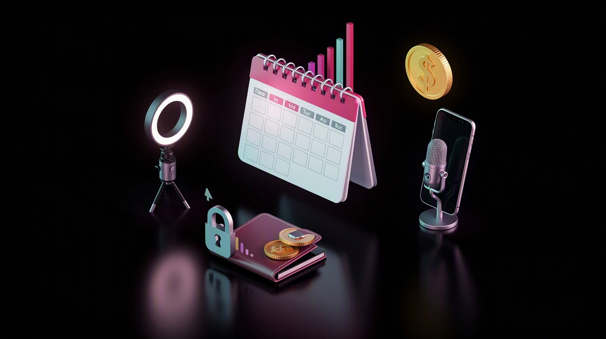 A calendar, rising bar chart, and coin on a dark surface with pink and cyan rim light.