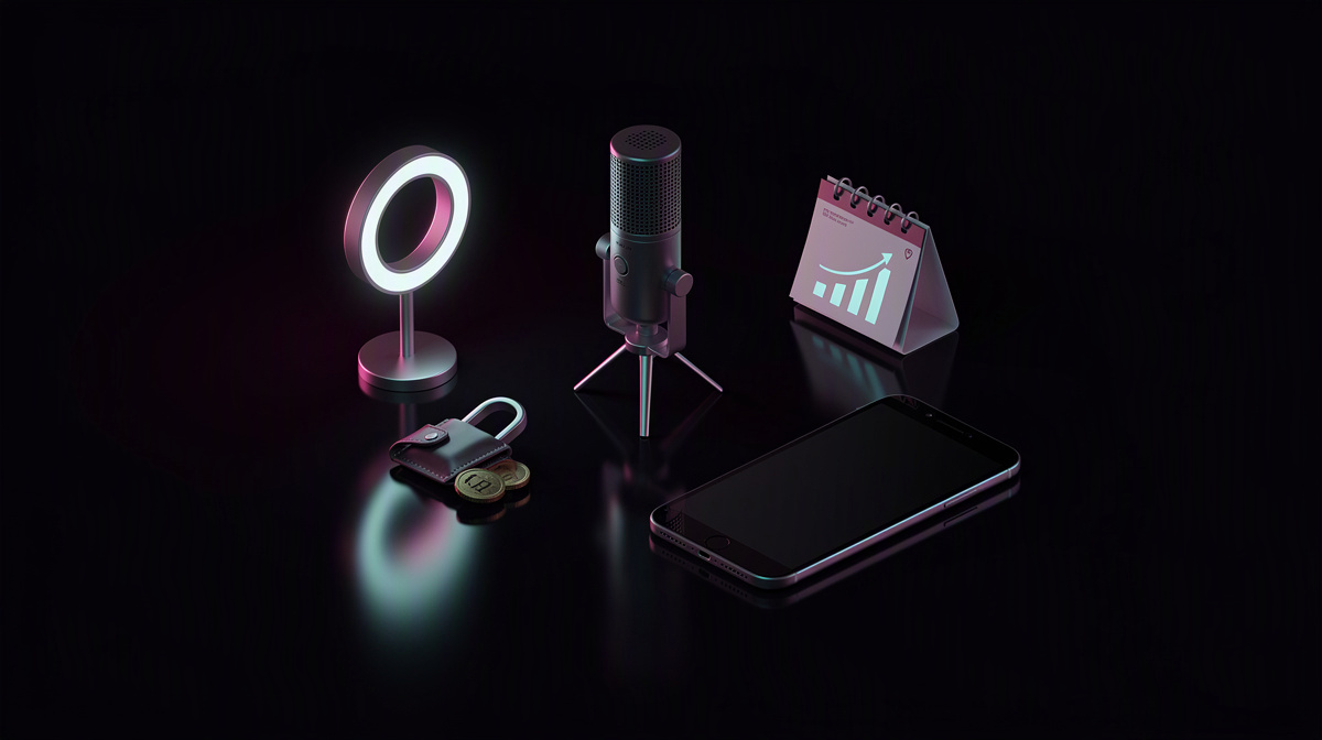 A microphone, verification badge, and smartphone on a black background with neon highlights.