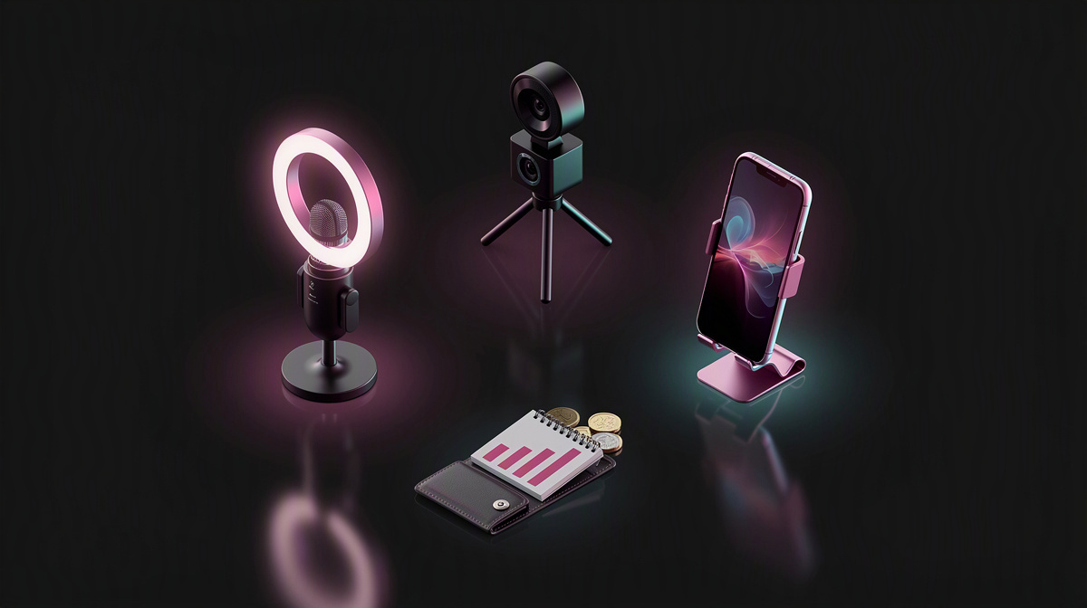Microphone, webcam, and smartphone stand floating on a dark background with soft colored rim lighting.