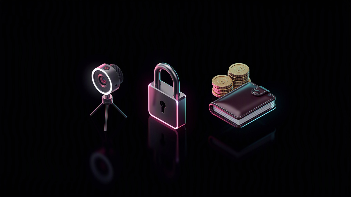 Padlock and wallet with coins on a near-black background, rim-lit for a secure and calm look.