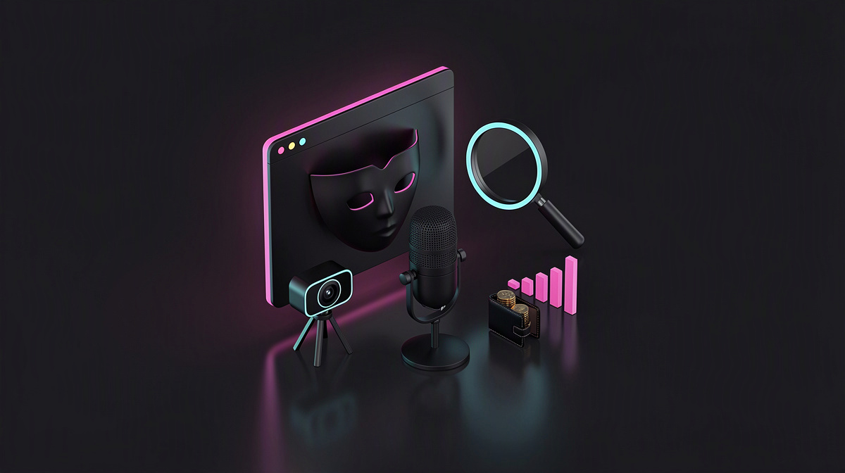 A browser icon, blank mask, and magnifying glass, glossy and rim-lit, floating on a dark background.