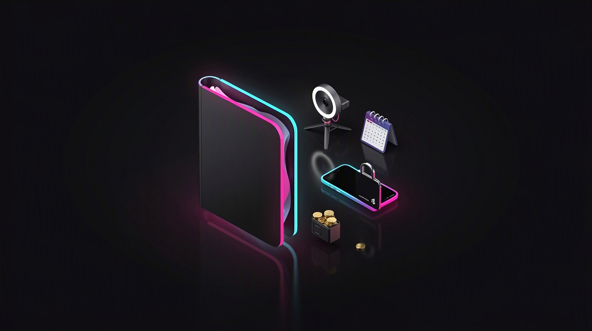 Closed privacy folder and plain ID card with magenta and cyan highlights on a nearly black background.