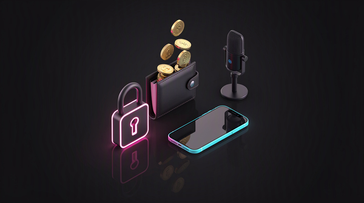 Glossy wallet with coins and a luminous padlock, both glowing on a dark reflective background.