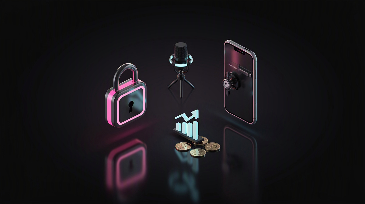 Glossy isometric padlock and closed safe reflecting on a sleek dark surface, rim-lit in magenta and cyan.