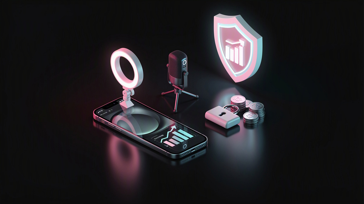 Isometric smartphone, authenticator token, and shield with rim lighting, floating on a dark reflective surface.