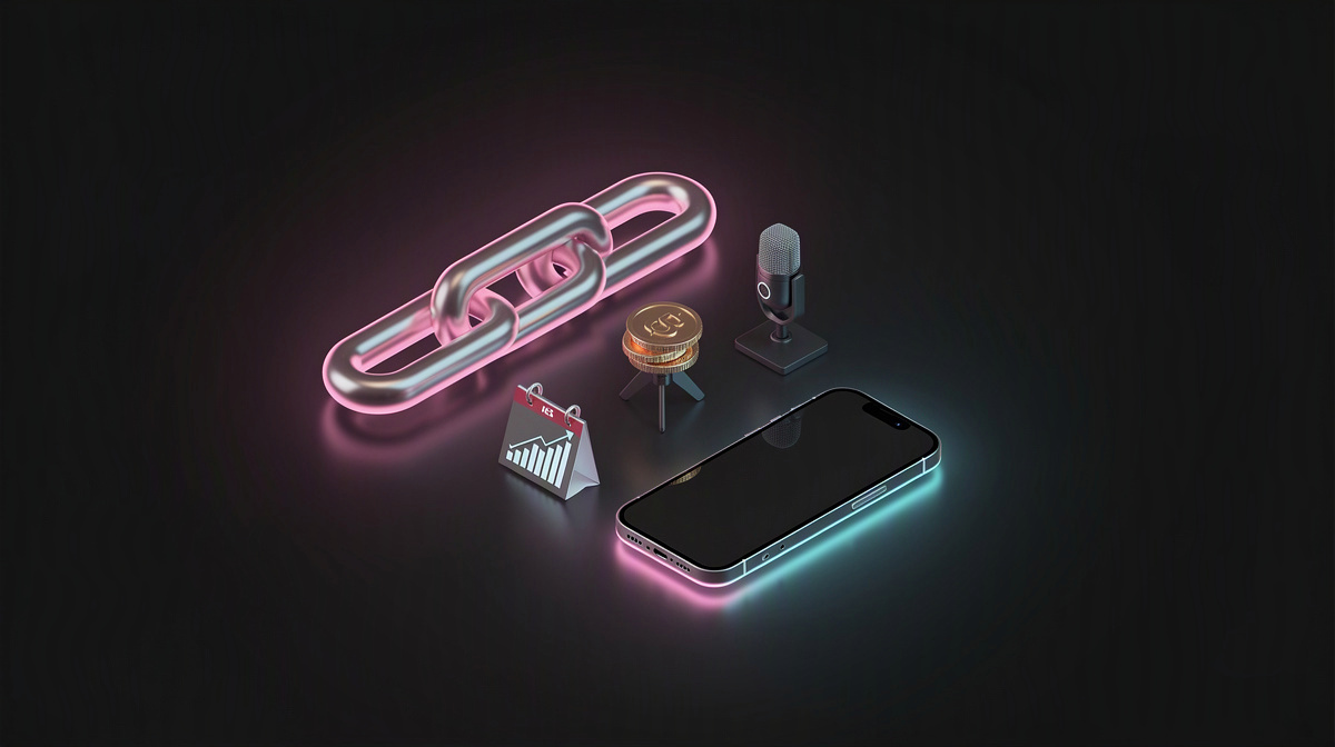 A coin and chain link floating on a dark reflective surface with magenta and cyan rim lighting.