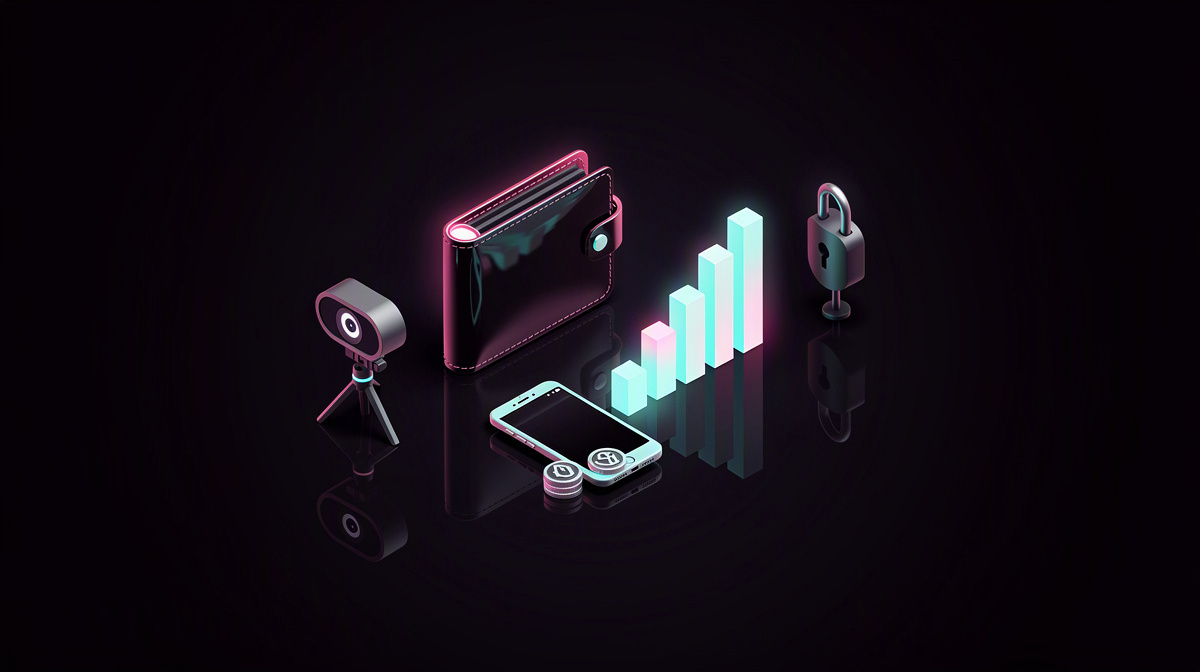 A wallet and rising bar chart floating on a glossy dark surface with magenta and cyan rim lights.