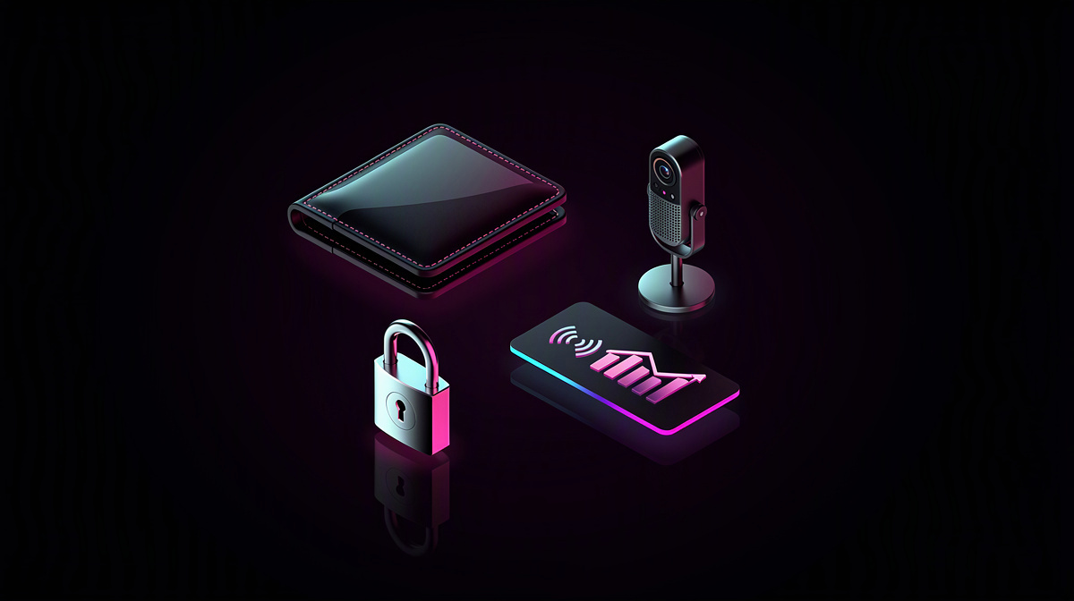 A wallet, an RFID card, and a padlock, all glowing with magenta and cyan light on a dark background.