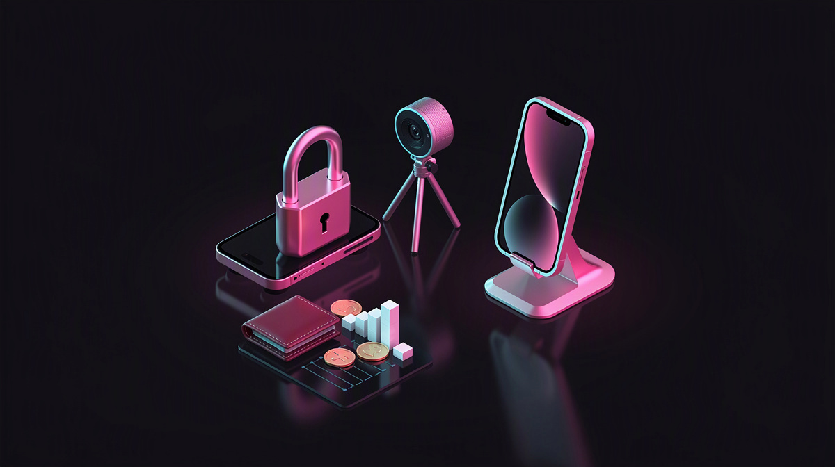 A secure padlock and a smartphone on stands with magenta and cyan accents on a dark surface.