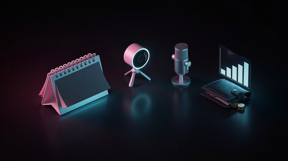 Isometric calendar, webcam, and wallet with magenta-cyan rim lighting on a near-black reflective surface.