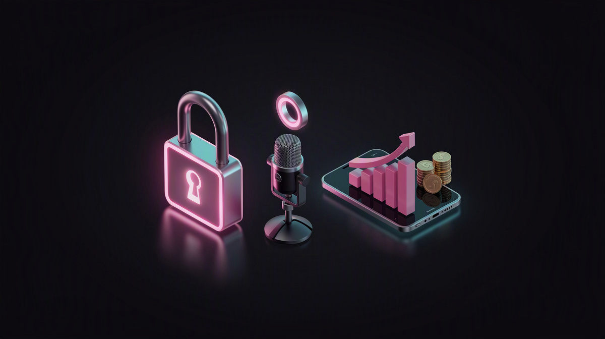 Isometric padlock and rising bar chart glowing with magenta-cyan rim lights on a dark background.