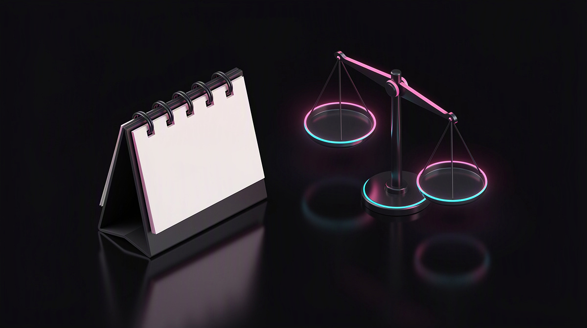 Ein leerer Kalender und eine Waage mit Neon-Licht in Magenta-Pink und Cyan auf dunkler Fläche.