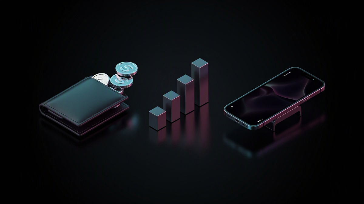 Ein Wallet mit Münzen, ein Balkendiagramm und ein Smartphone, glänzend beleuchtet auf dunkler Fläche.